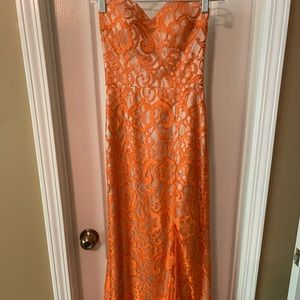 Strapless Orange lace formal dress